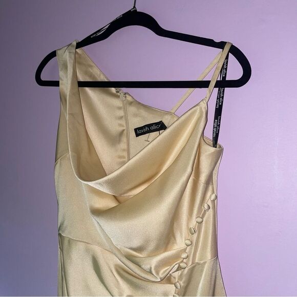 NEW Lavish Alice 4 Midi Cocktail Dress Cream Ruched Cowl Neckline - Picture 2 of 9